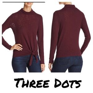 Three Dots Maroon Tie-Front Mock Neck Casual top